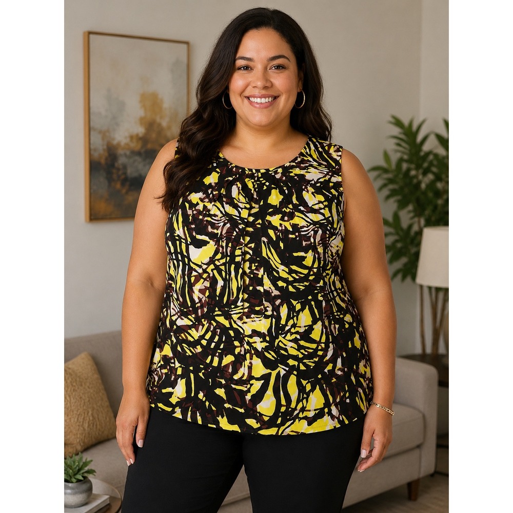 Anne Klein Suit Separates Womens 1X Yellow Black Abstract Sleeveless Blouse Top
